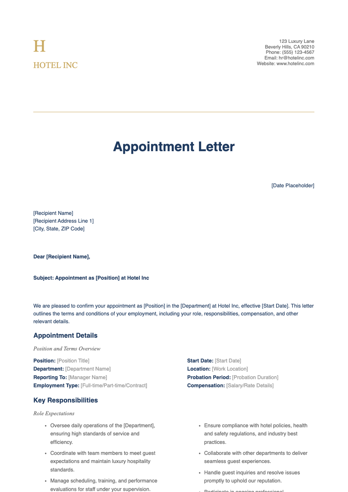 Hotel appointment letter template with placeholder fields and company branding_variant_3